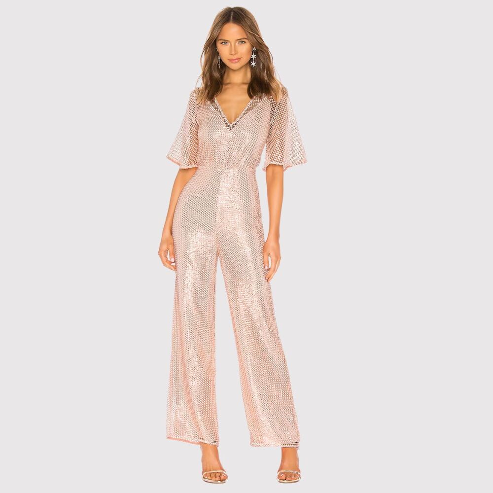 NWT NBD x Naven Womens Jumpsuit Peach Camilla Overlay Sequin Sparkle Party 2XS